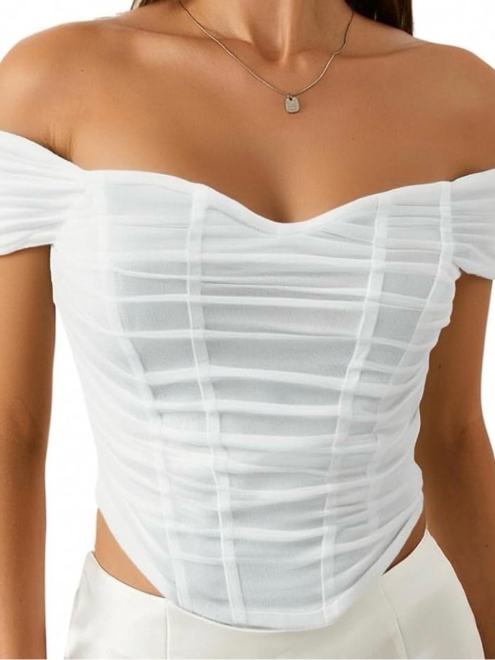 White Off-Shoulder Ruched Corset Top